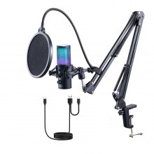 VEVOR Micrófono USB, 192 kHz/24 bits, kit de micrófono de condensador profesional con soporte de brazo de brazo, filtro pop, soporte de choque, 11 efectos de iluminación RGB, botón de silencio, conector para auriculares para grabar juegos, cantar