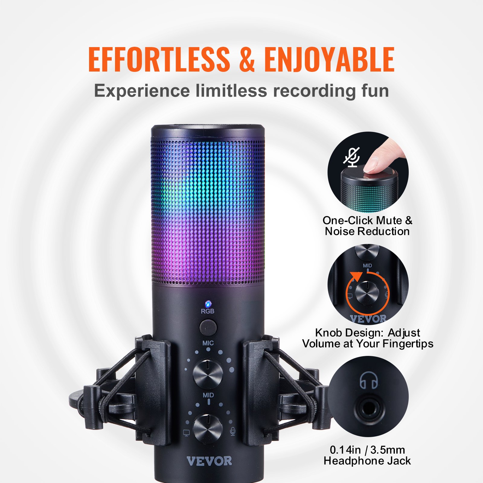 Micrófono USB VEVOR con iluminación RGB, silencio con un clic, perilla de volumen y conector para auriculares de 0,14 pulgadas/3,5 mm.