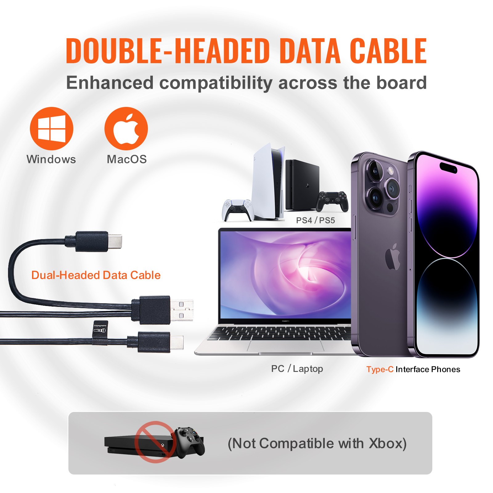 Cable de datos de doble cabezal compatible con Windows, macOS, PS4, PS5, PC, teléfonos tipo C, no Xbox.