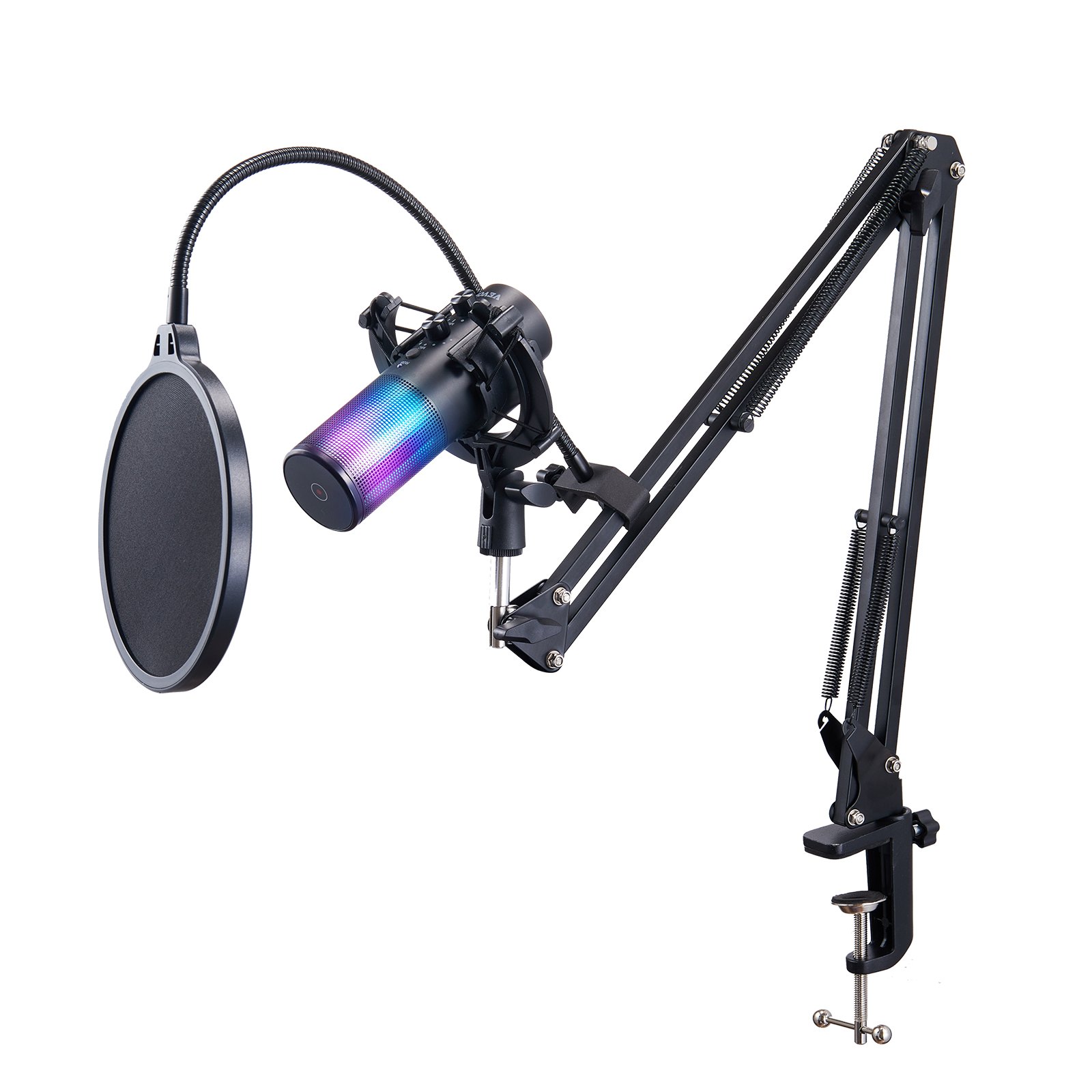 Micrófono USB VEVOR montado en brazo ajustable con filtro antipop e iluminación rgb.