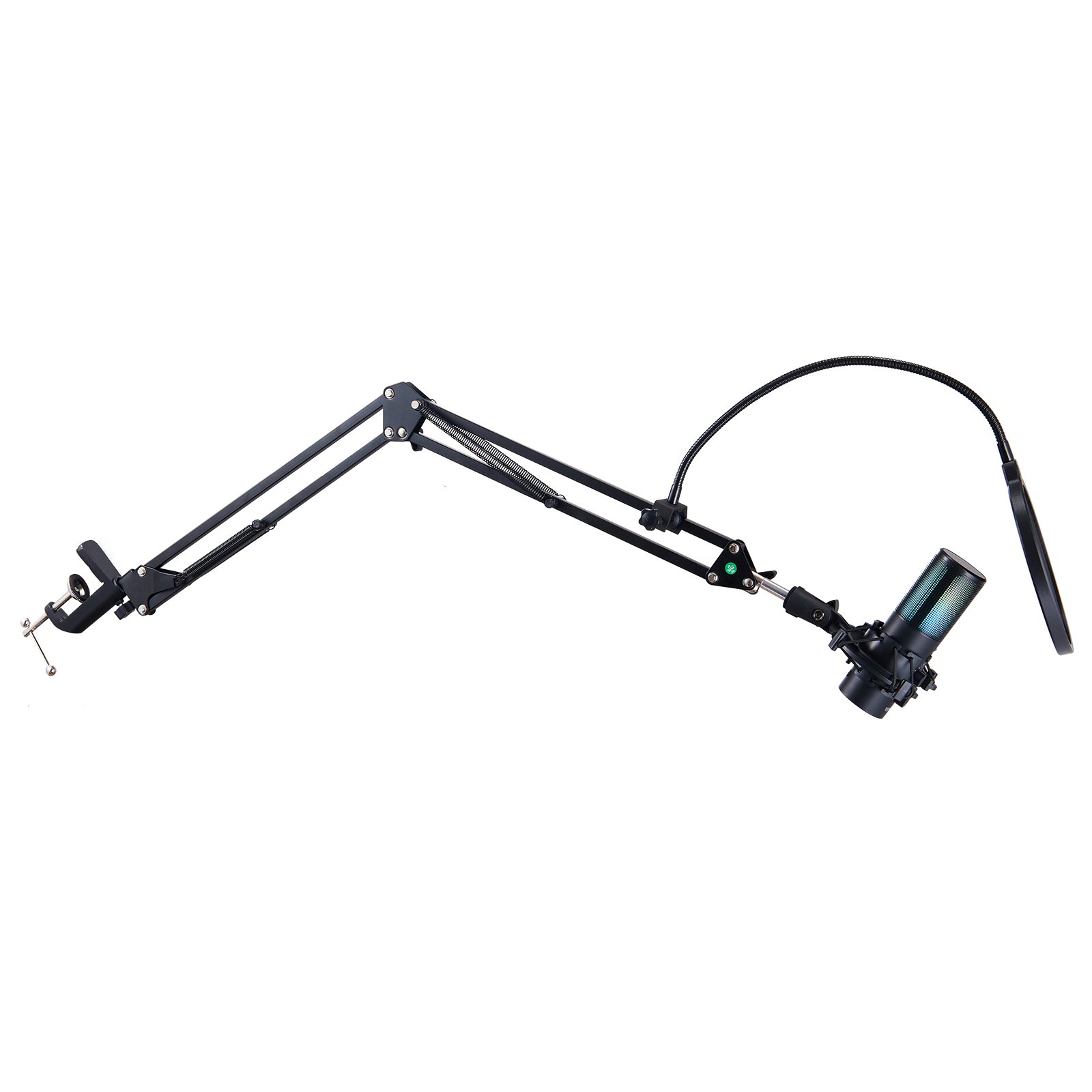 Micrófono USB VEVOR con brazo ajustable, filtro antipop y soporte amortiguador para grabación de audio profesional.