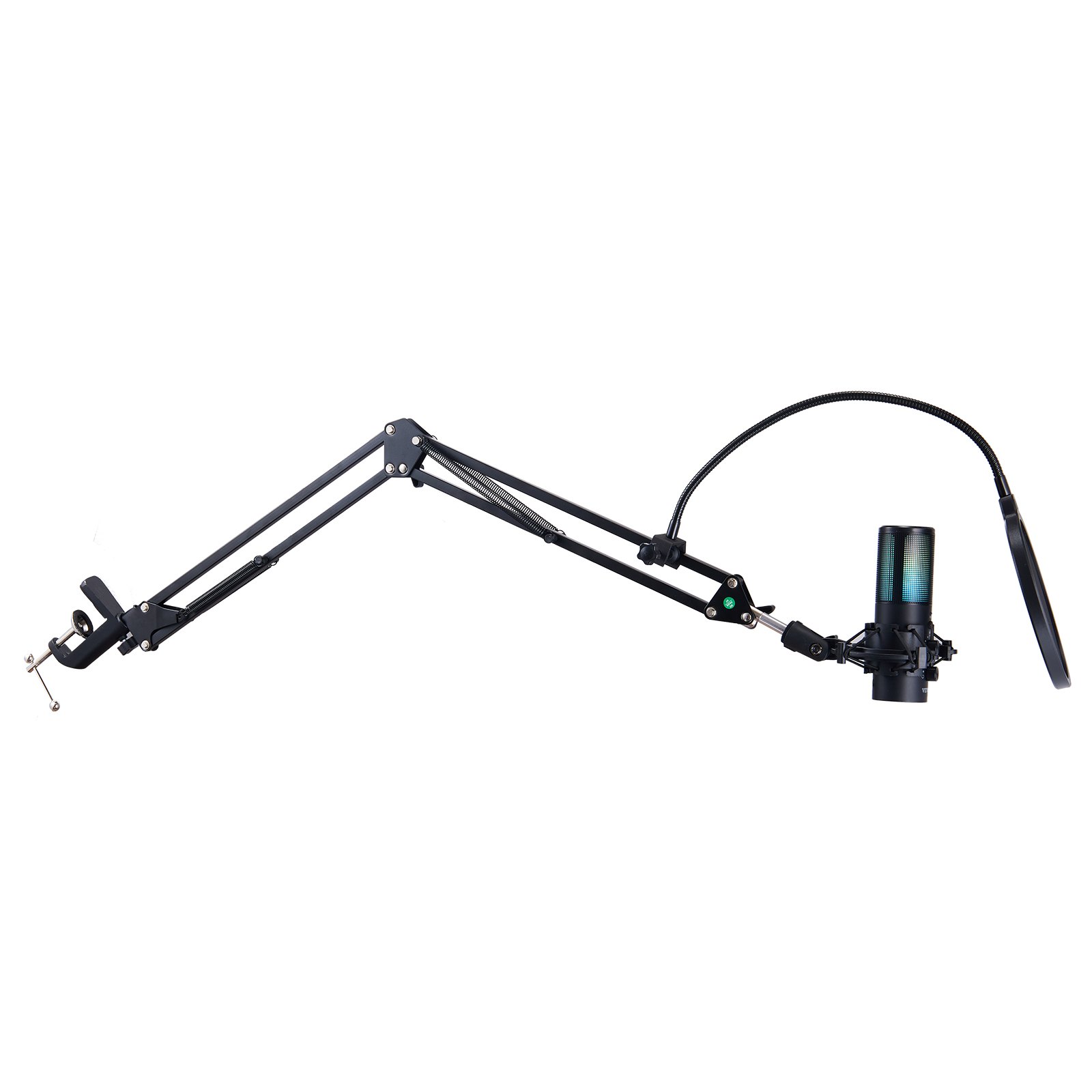 Micrófono USB VEVOR negro con brazo ajustable y filtro pop sobre fondo blanco.