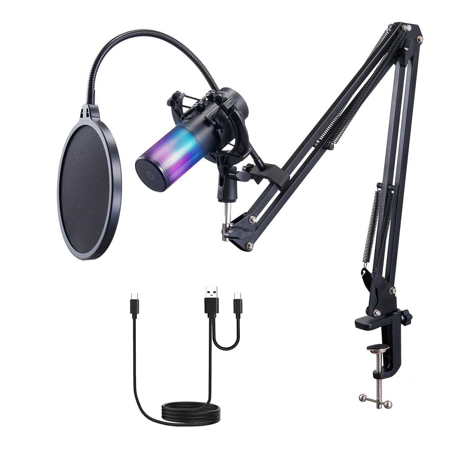 Micrófono USB VEVOR con soporte de brazo ajustable, filtro antipop y cable USB-C desmontable.
