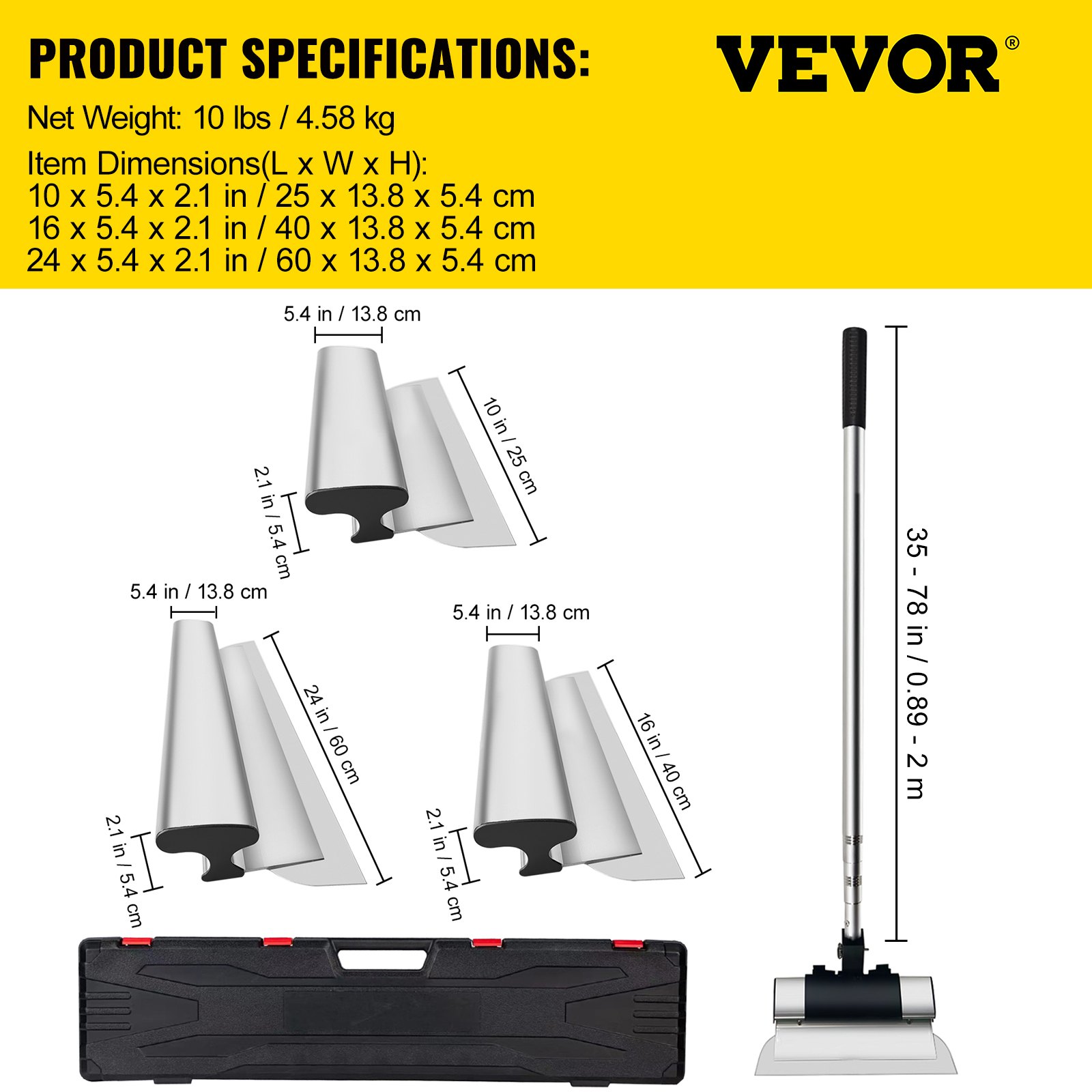 VEVOR Juego de cuchillas para desnatar, cuchillas de 10"+16"+24" + mango de extensión de 35"-78", cuchillo de construcción europeo de acero inoxidable, perfil de hoja de aluminio, espátula para alisar y derribar para yeso/paneles de yeso/tableros de pared