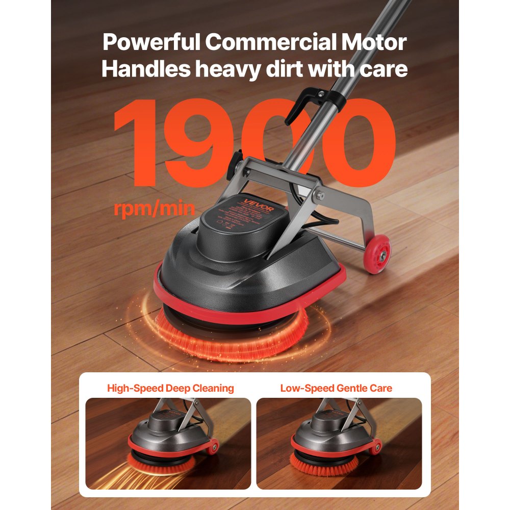 VEVOR Commercial Floor Scrubber Machine, Heavy Duty Floor Cleaner Polisher with 2 Wheels,  Professional Electric Carpet Buffer, Max 1900 RPM, 43 FT Cord, 3 Pads & 3 Brushes - All Floor Surfaces