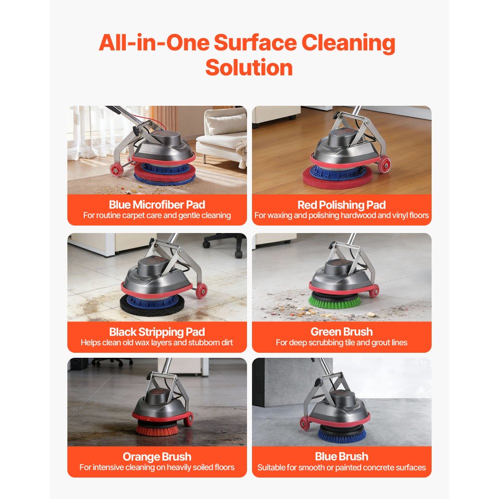 VEVOR Commercial Floor Scrubber Machine, Heavy Duty Floor Cleaner Polisher with 2 Wheels,  Professional Electric Carpet Buffer, Max 1900 RPM, 43 FT Cord, 3 Pads & 3 Brushes - All Floor Surfaces