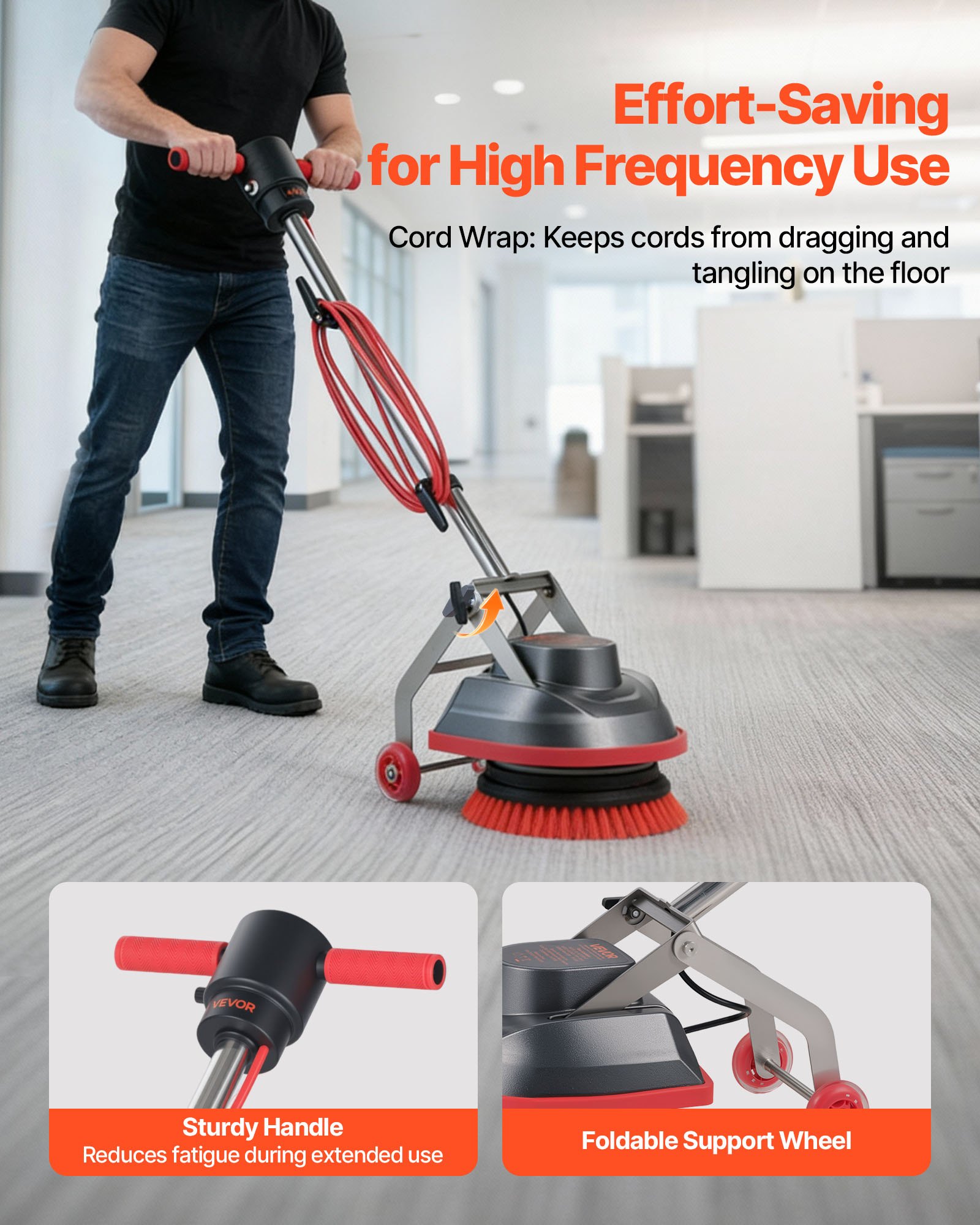 VEVOR Commercial Floor Scrubber Machine, Heavy Duty Floor Cleaner Polisher with 2 Wheels,  Professional Electric Carpet Buffer, Max 1900 RPM, 43 FT Cord, 3 Pads & 3 Brushes - All Floor Surfaces