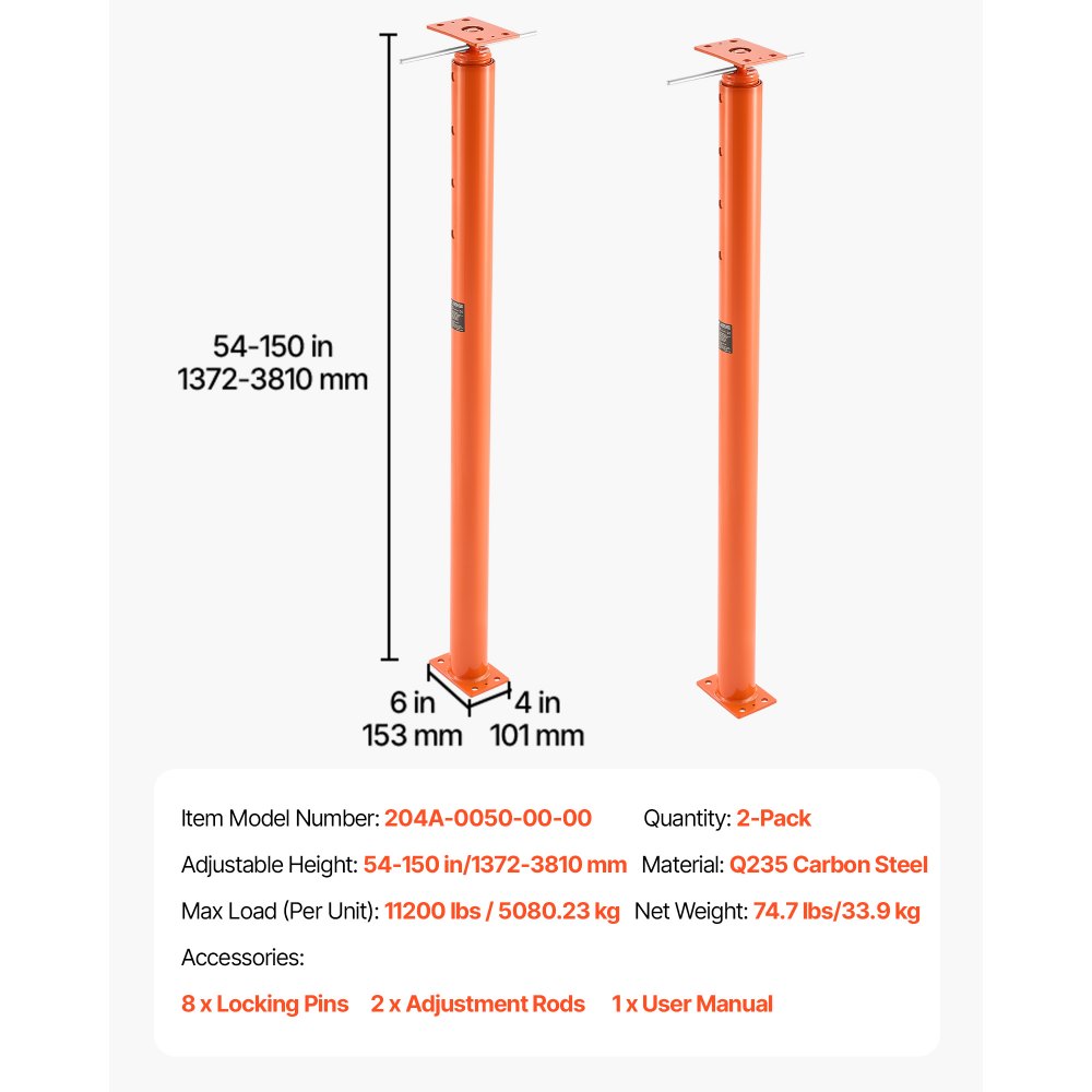Gatos de piso VEVOR, paquete de 2, rango de altura de 54 a 150 pulgadas, capacidad de carga máxima de 11200 lb, poste de gato de sótano con viga de soporte ajustable para nivelación, poste telescópico de acero de elevación para soporte temporal