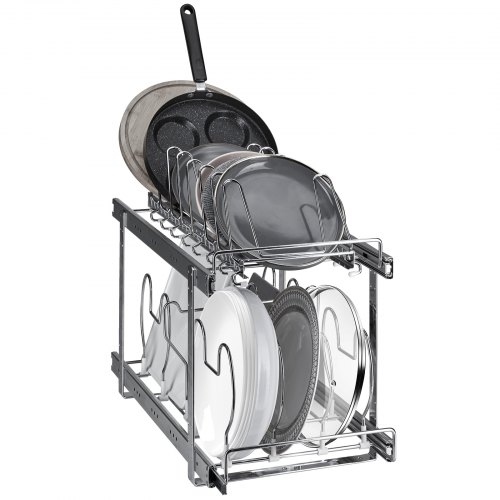 VEVOR - Estante para sartenes y ollas, organizador extensible de 2 niveles debajo del gabinete, bandeja para hornear galletas, divisores de alambre ajustables, soporte de tapa de acero para gabinete de cocina y almacenamiento de despensa, 12 pulgadas de ancho