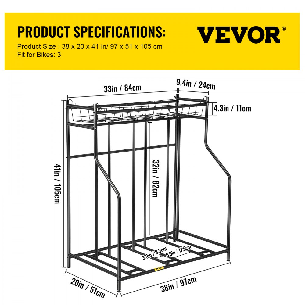 Soporte para bicicleta VEVOR, soporte para bicicleta de piso, anchos ajustables de metal para almacenamiento de soporte de bicicleta con cesta, (soporte para 3 bicicletas)
