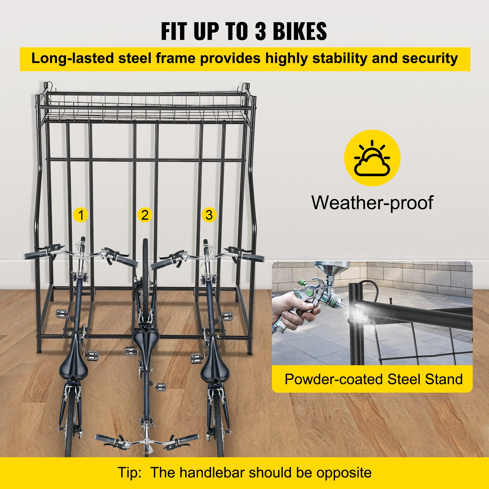 Soporte para bicicleta VEVOR, soporte para bicicleta de piso, anchos ajustables de metal para almacenamiento de soporte de bicicleta con cesta, (soporte para 3 bicicletas)