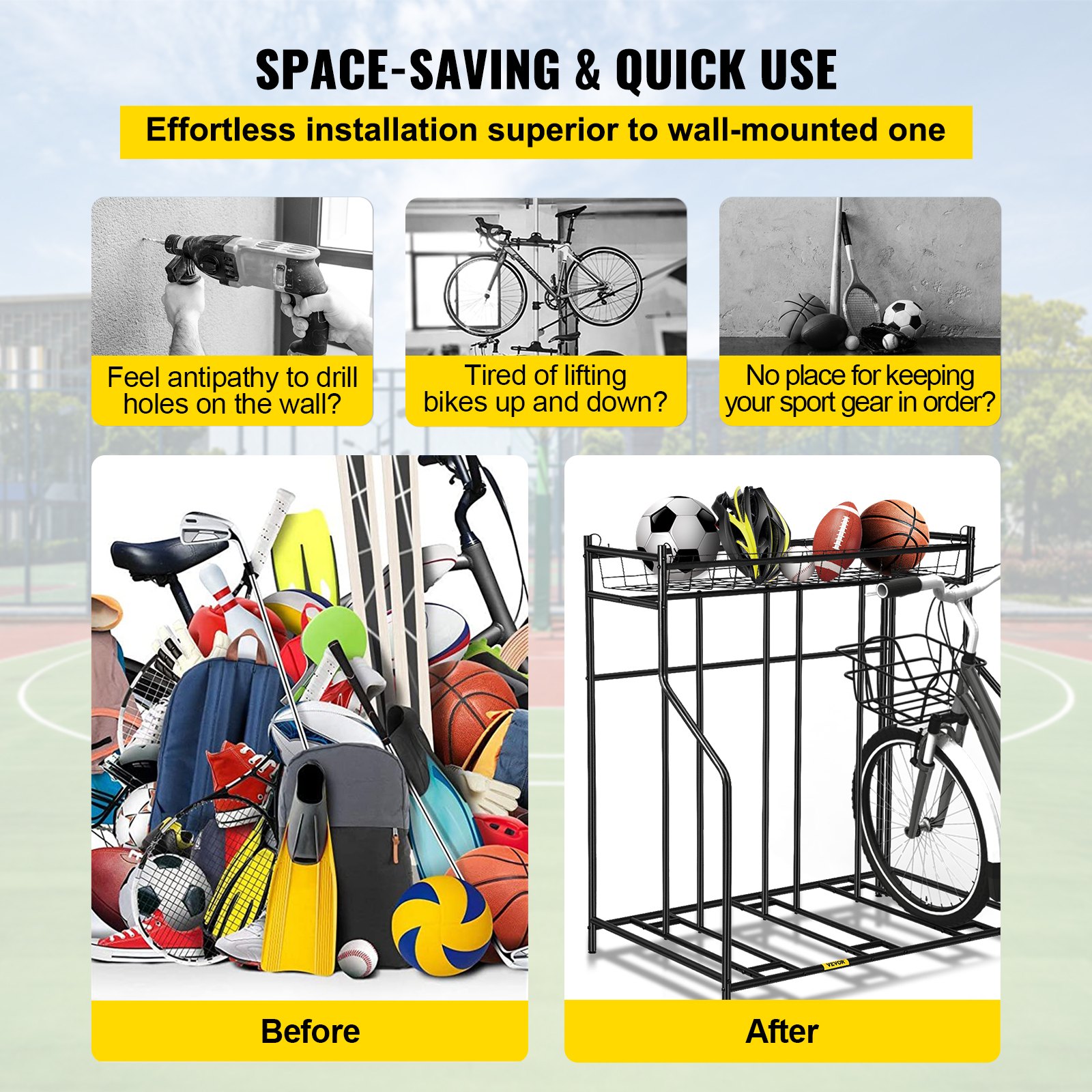 Soporte para bicicleta VEVOR, soporte para bicicleta de piso, anchos ajustables de metal para almacenamiento de soporte de bicicleta con cesta, (soporte para 3 bicicletas)