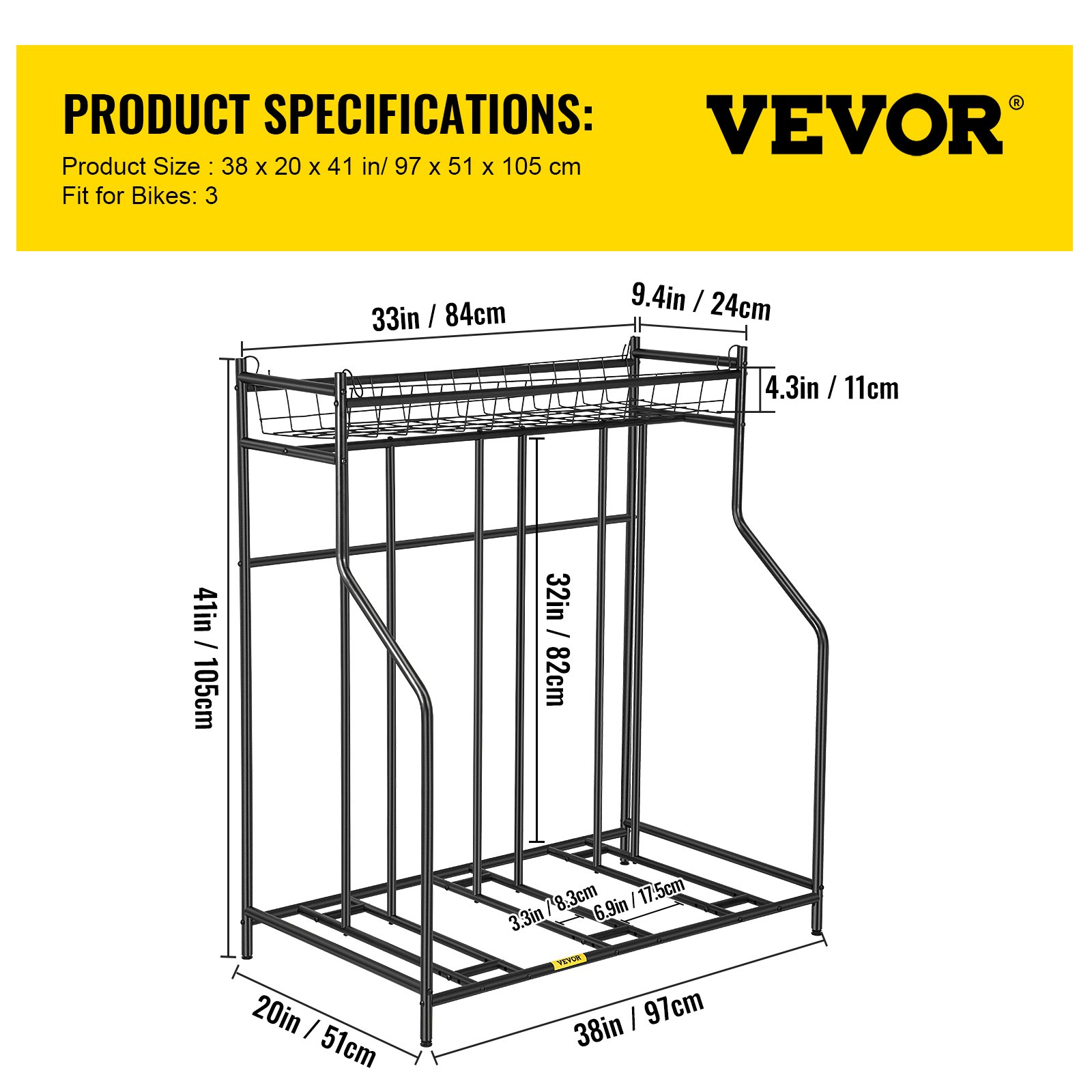 Soporte para bicicleta VEVOR, soporte para bicicleta de piso, anchos ajustables de metal para almacenamiento de soporte de bicicleta con cesta, (soporte para 3 bicicletas)