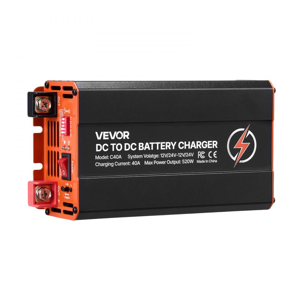Cargador de baterías VEVOR DC a DC, 520 W, cargador de alternador de 40 A, carga rápida DC-DC para estaciones de energía portátiles, compatible con baterías de plomo-ácido AGM GEL LiFePO4, 12 V/24 V, para respaldo de energía en vehículos recreativos y hogares.