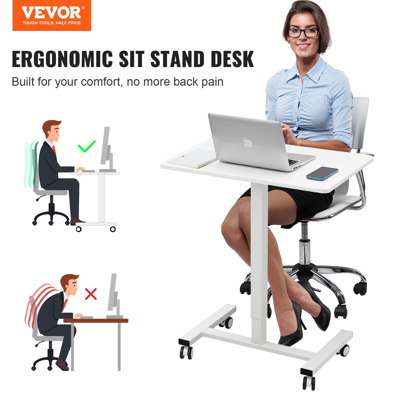 Escritorio móvil de pie VEVOR que muestra los beneficios del diseño ergonómico para reducir el dolor de espalda.