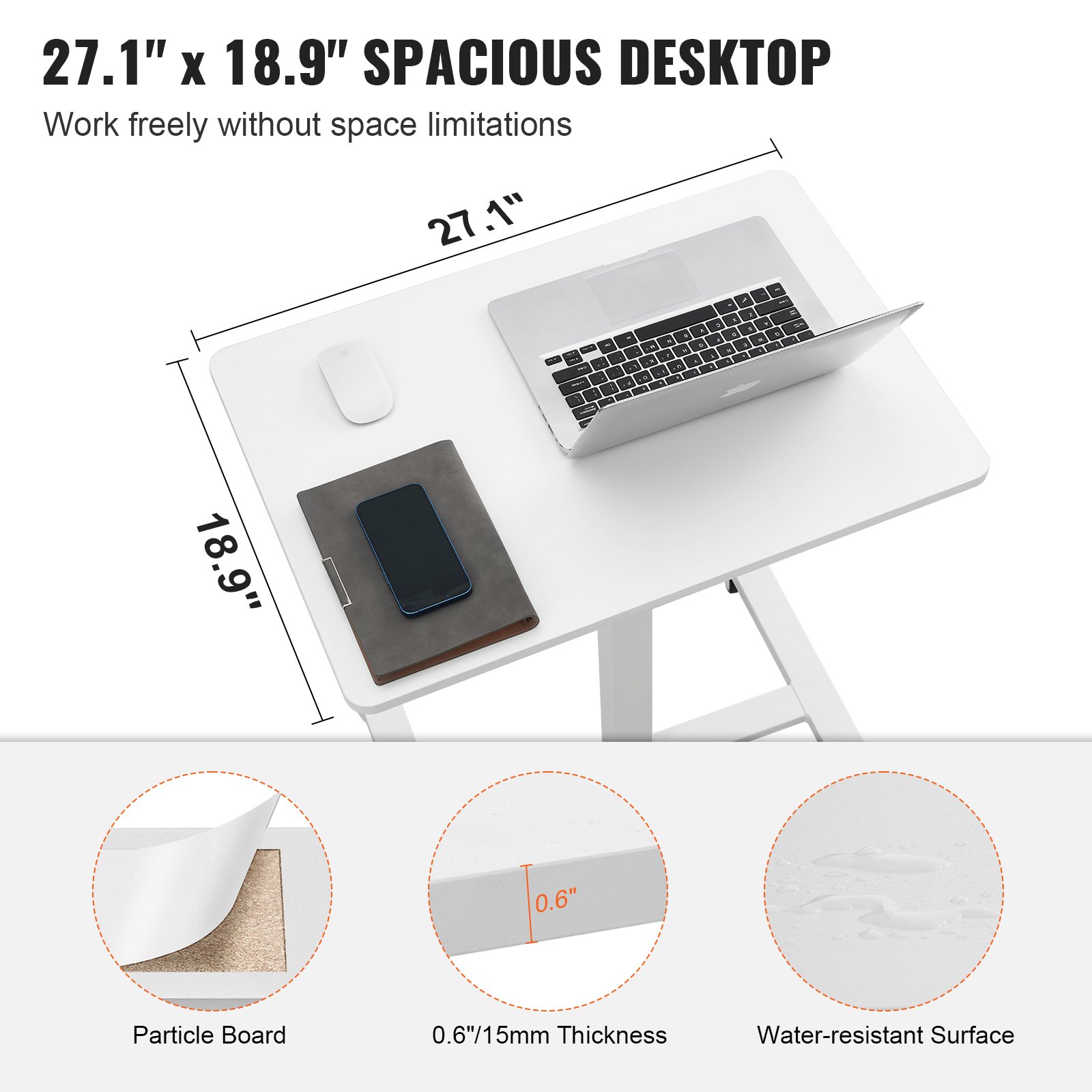 Escritorio móvil de pie VEVOR con superficie resistente al agua de 27,1&quot; x 18,9&quot;, tablero de partículas y 0,6&quot; de espesor.