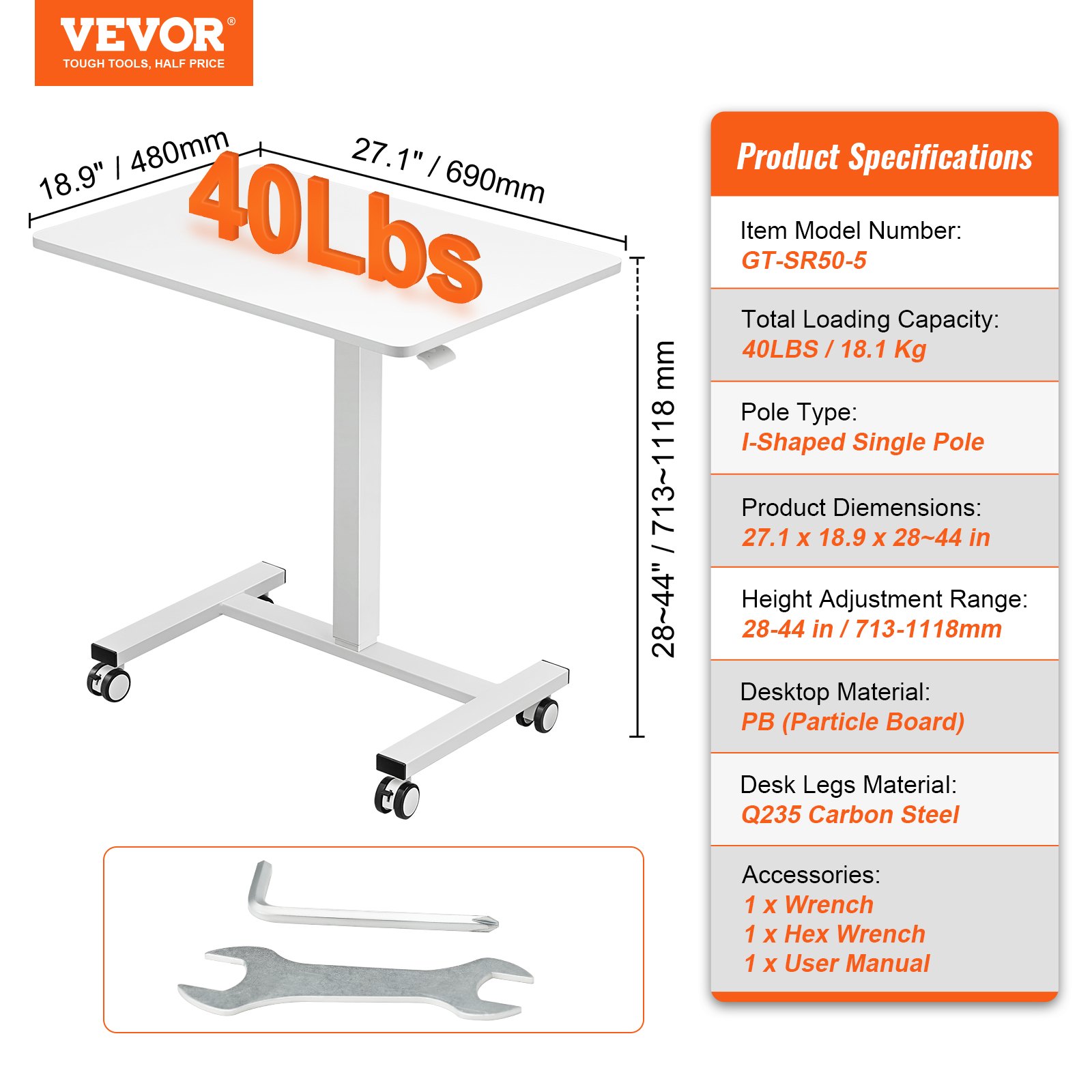 Escritorio móvil de pie VEVOR, altura ajustable de 28 a 44&quot;, capacidad de 40 libras, poste en forma de I, herramientas incluidas.