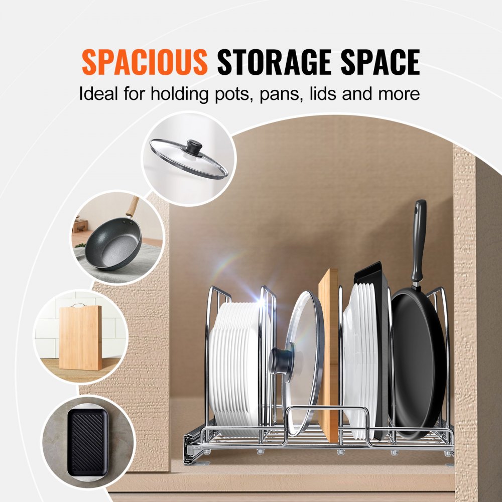 VEVOR - Estante para sartenes y ollas, organizador extensible extraíble para debajo del gabinete, bandeja para hornear galletas, divisores de alambre ajustables, soporte de tapa de acero para gabinetes de cocina y despensa, 12.5" de ancho