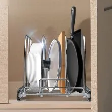 VEVOR - Estante para sartenes y ollas, organizador extensible extraíble debajo del gabinete, bandeja para hornear galletas, divisores de alambre ajustables, soporte de tapa de acero para gabinete de cocina y almacenamiento de despensa, 8.5 pulgadas de ancho