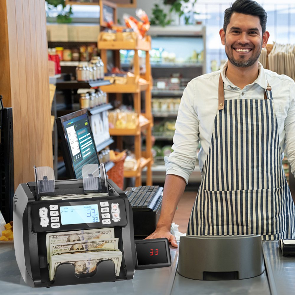 Contadora de billetes VEVOR con detección de billetes falsos UV, MG, IR y DD, contadora de efectivo en USD y EUR con modos de suma y lote, pantalla LCD grande y externa.