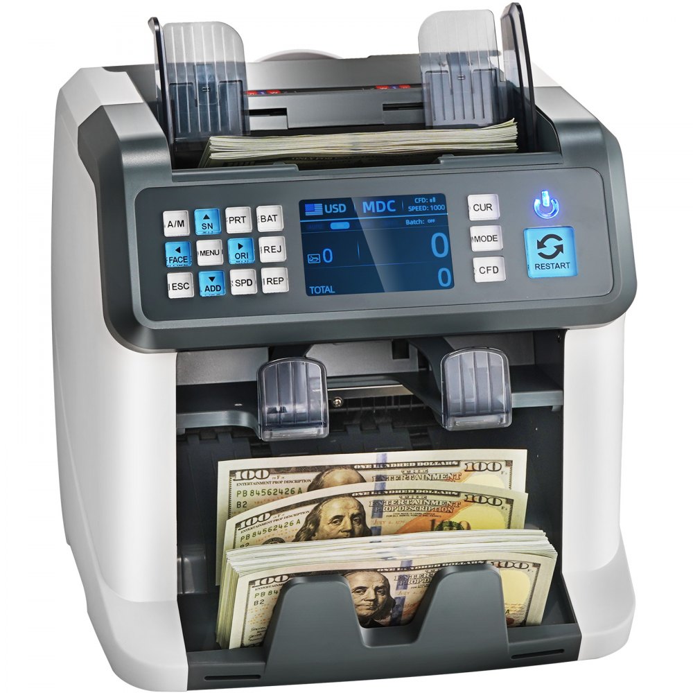 Contadora de billetes VEVOR, con denominación mixta, detección de billetes falsos 2CIS, SN, UV, IR, MG, DD, multidivisa, contadora y clasificadora de efectivo con contador de valor, compatible con impresora.
