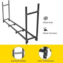 Tuspuzz Estante de Leña con Cubierta 305 x 36,2 x 122 cm Estante para Leña Exterior Capacidad de Carga 816 kg Estante de Leña de Acero Estante para Leña con Pies Estante de Registro de Chimenea Negro
