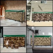 Tuspuzz Estante de Leña con Cubierta 305 x 36,2 x 122 cm Estante para Leña Exterior Capacidad de Carga 816 kg Estante de Leña de Acero Estante para Leña con Pies Estante de Registro de Chimenea Negro
