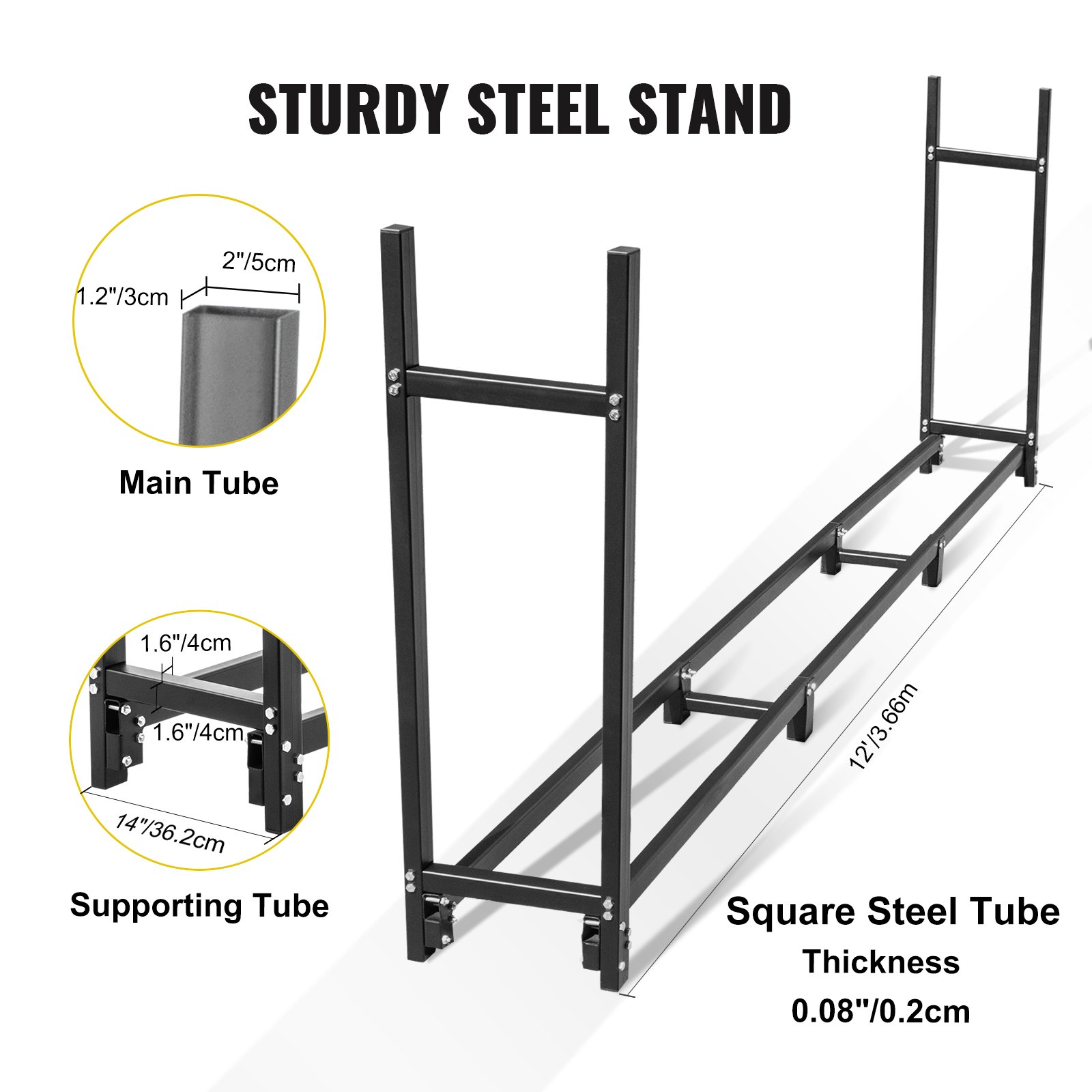 VEVOR Estante para Leña Exterior con Cubierta Acero 366,5 x 36,2 x 122 cm Negro