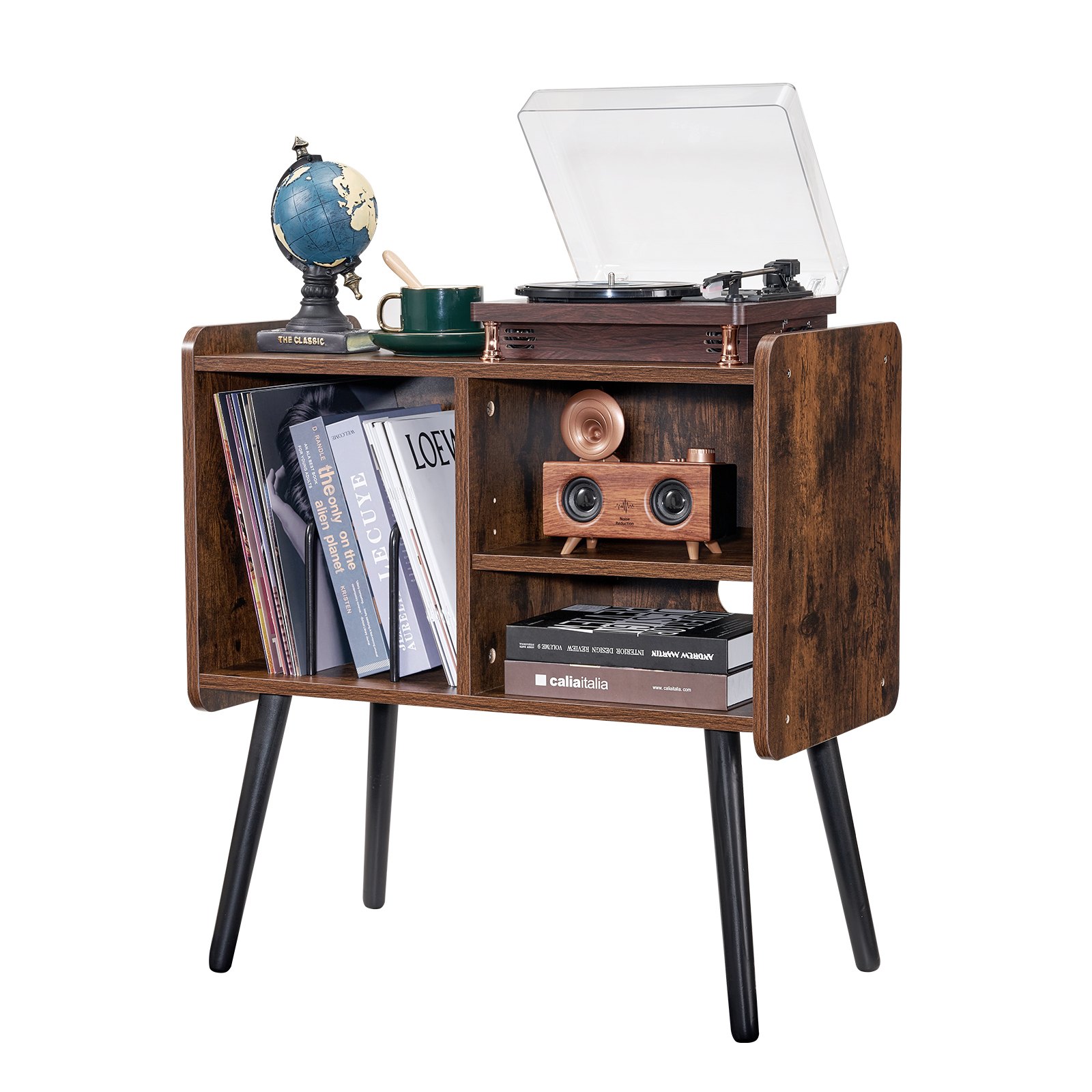 Soporte para tocadiscos de madera de 2 niveles con 3 gabinetes, color negro y marrón