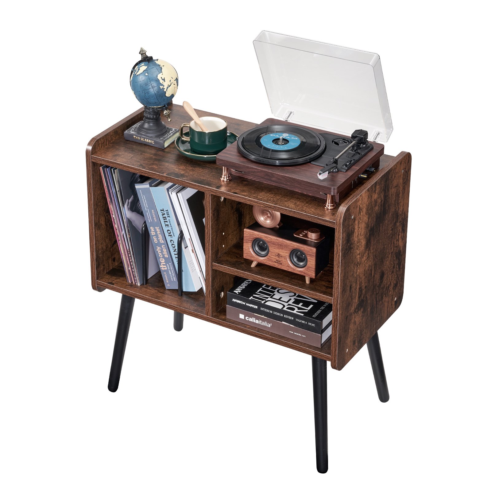 Soporte para tocadiscos de madera de 2 niveles con 3 gabinetes, color negro y marrón