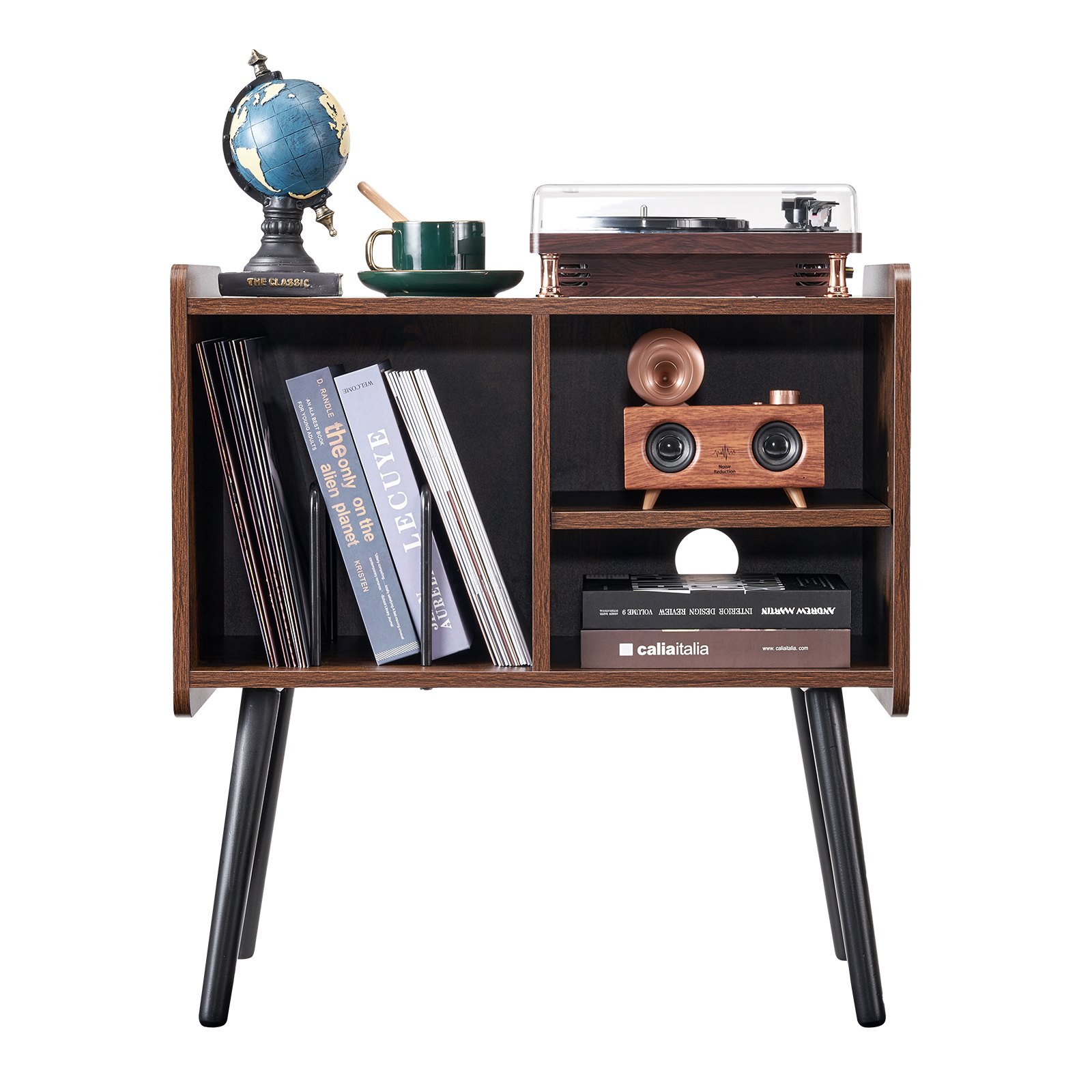 Soporte para tocadiscos de madera de 2 niveles con 3 gabinetes, color negro y marrón