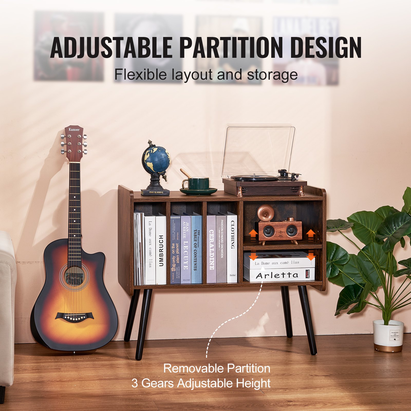 Soporte para tocadiscos de madera de 2 niveles con 3 gabinetes, color marrón