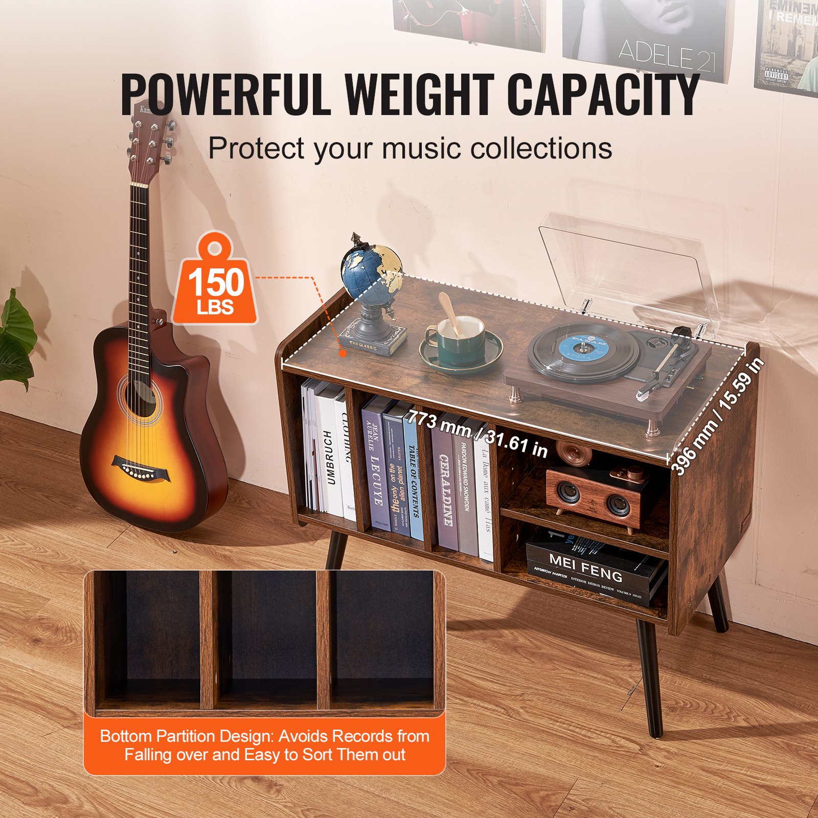 Soporte para tocadiscos de madera de 2 niveles con 3 gabinetes, color marrón