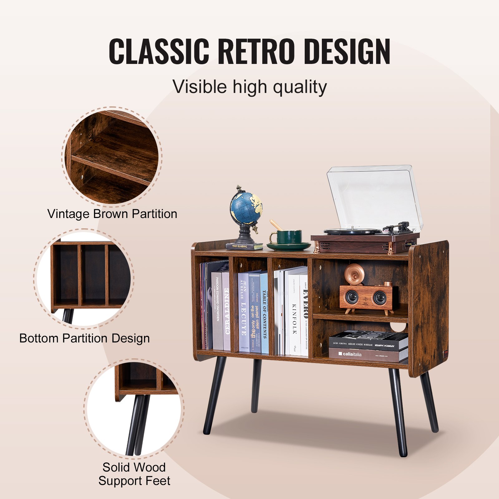 Soporte para tocadiscos de madera de 2 niveles con 3 gabinetes, color marrón