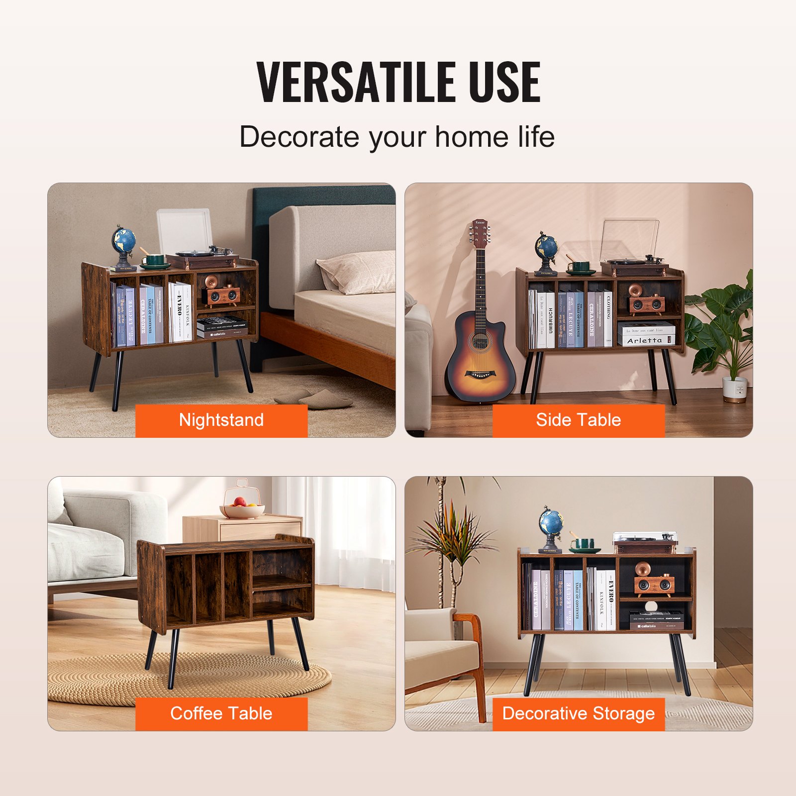 Soporte para tocadiscos de madera de 2 niveles con 3 gabinetes, color marrón