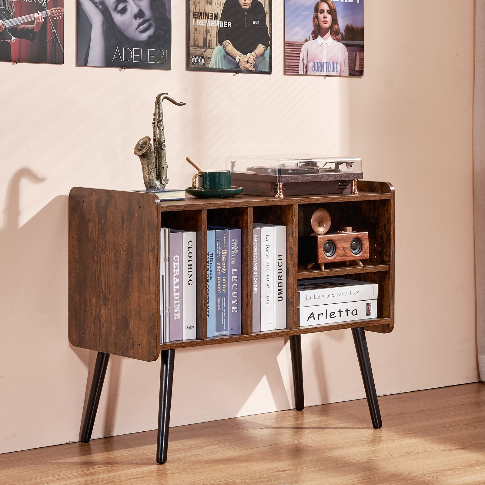 Soporte para tocadiscos de madera de 2 niveles con 3 gabinetes, color marrón