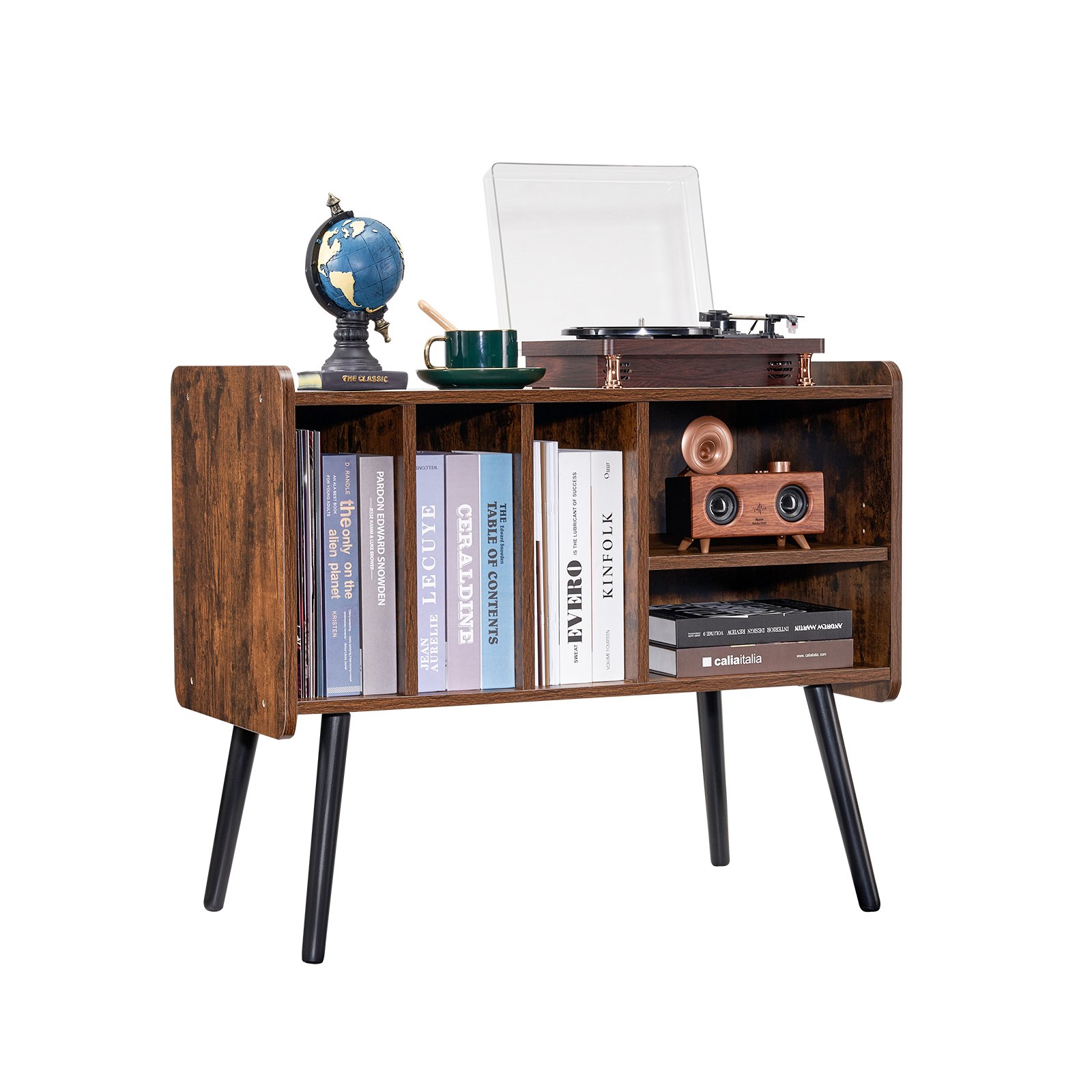 Soporte para tocadiscos de madera de 2 niveles con 3 gabinetes, color marrón