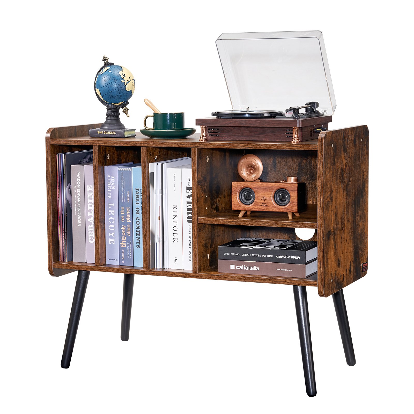 Soporte para tocadiscos de madera de 2 niveles con 3 gabinetes, color marrón