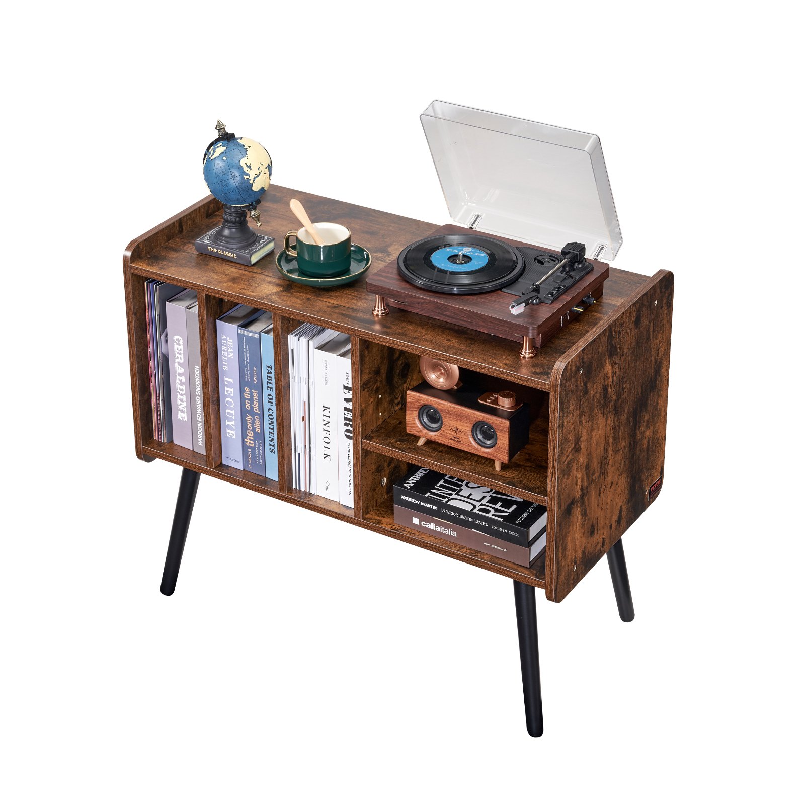 Soporte para tocadiscos de madera de 2 niveles con 3 gabinetes, color marrón