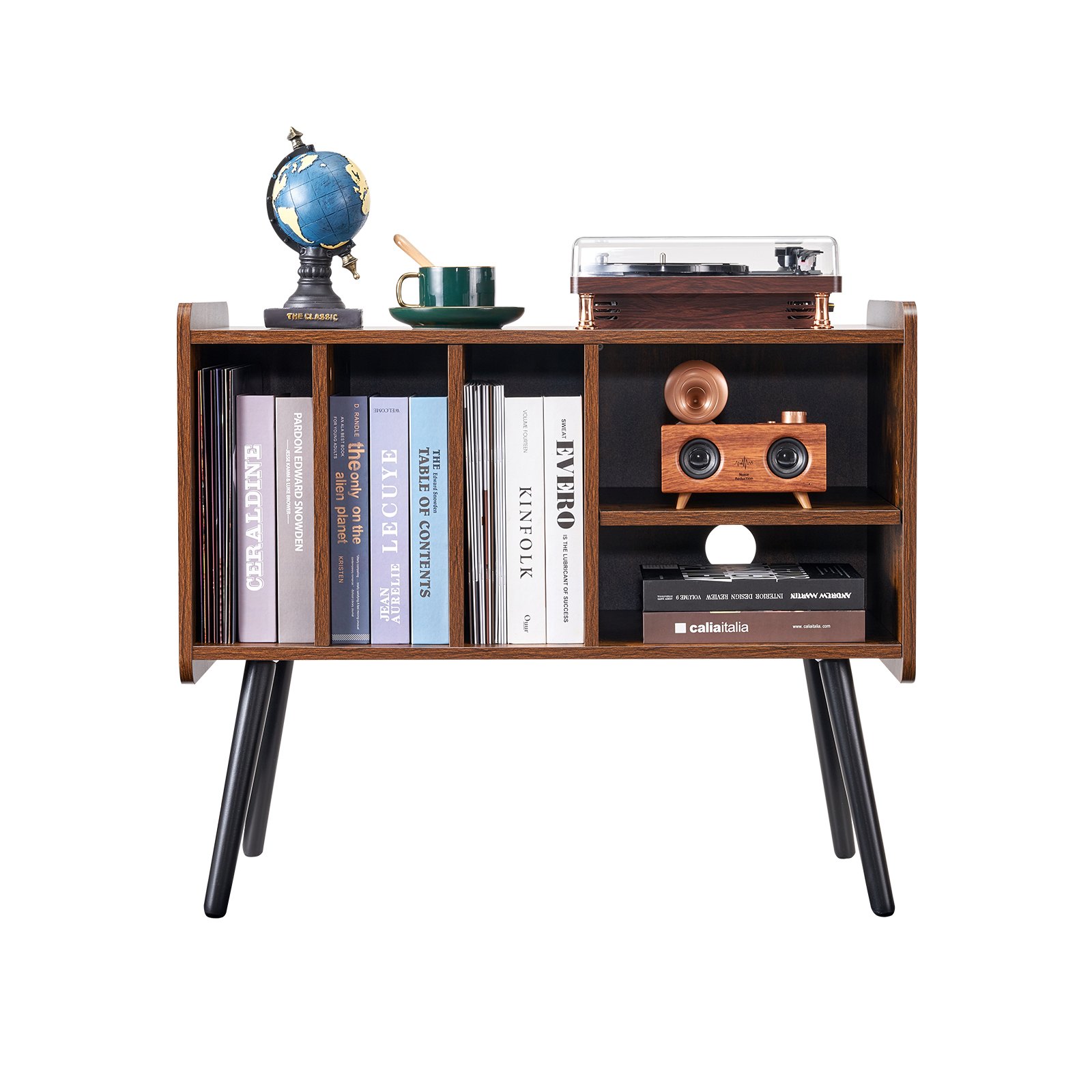 Soporte para tocadiscos de madera de 2 niveles con 3 gabinetes, color marrón