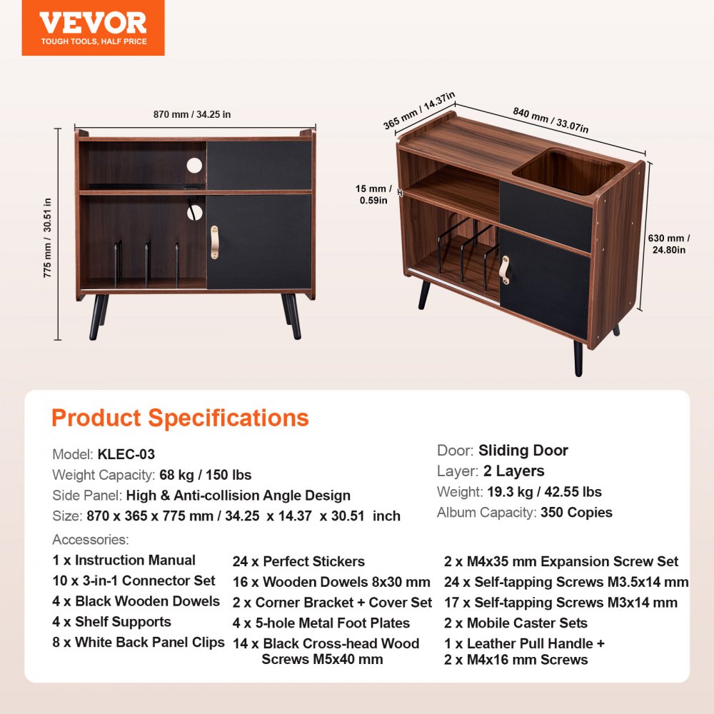 Soporte para tocadiscos de madera de 3 niveles con puerta corrediza y regleta de enchufes