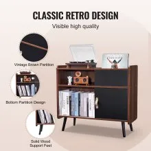 Soporte para tocadiscos de madera de 3 niveles con puerta corrediza y regleta de enchufes
