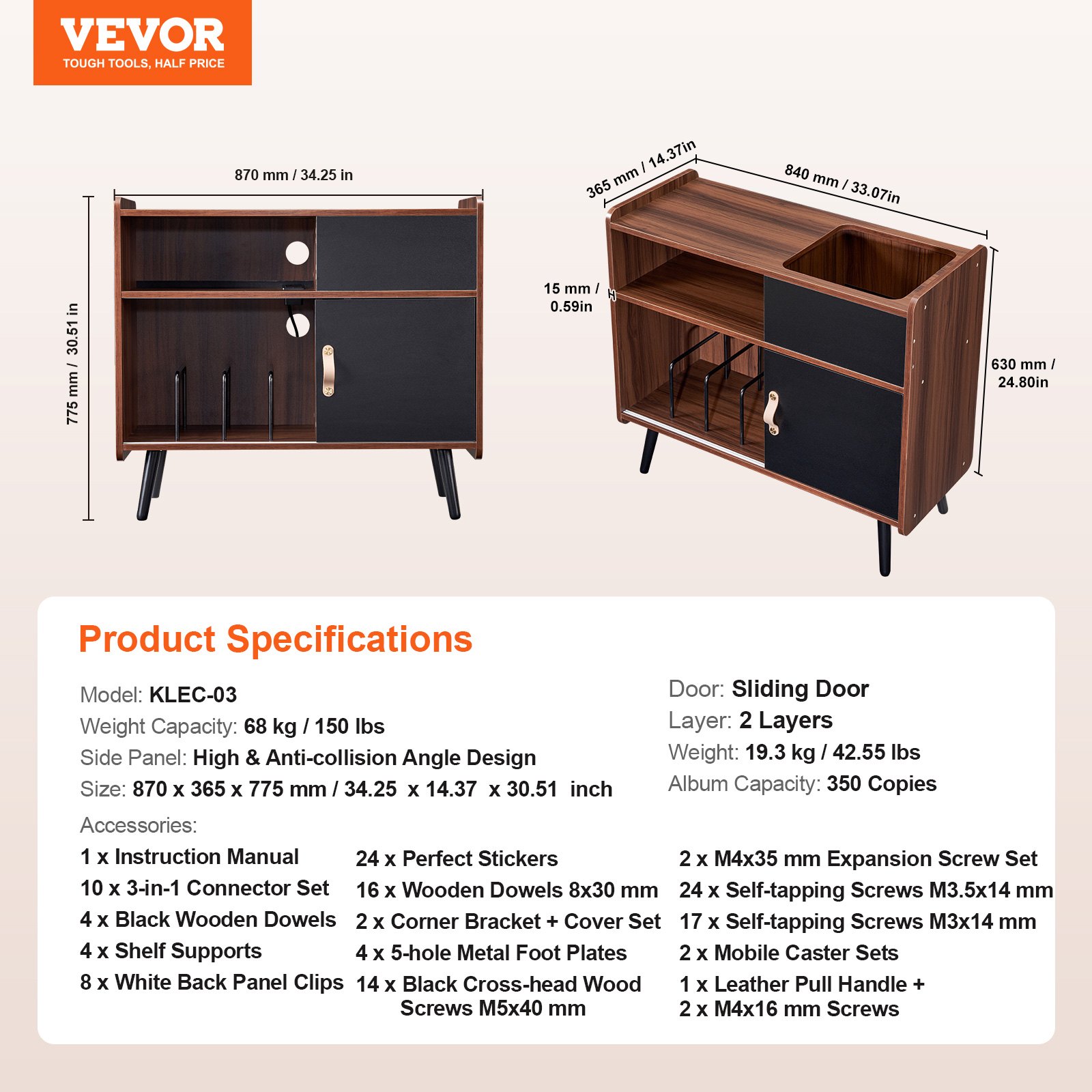 Soporte para tocadiscos de madera de 3 niveles con puerta corrediza y regleta de enchufes