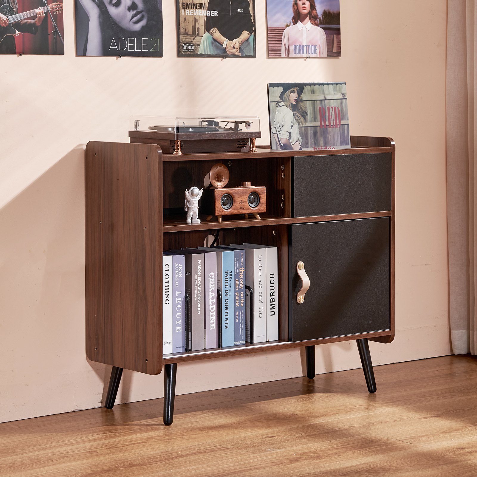 Soporte para tocadiscos de madera de 3 niveles con puerta corrediza y regleta de enchufes