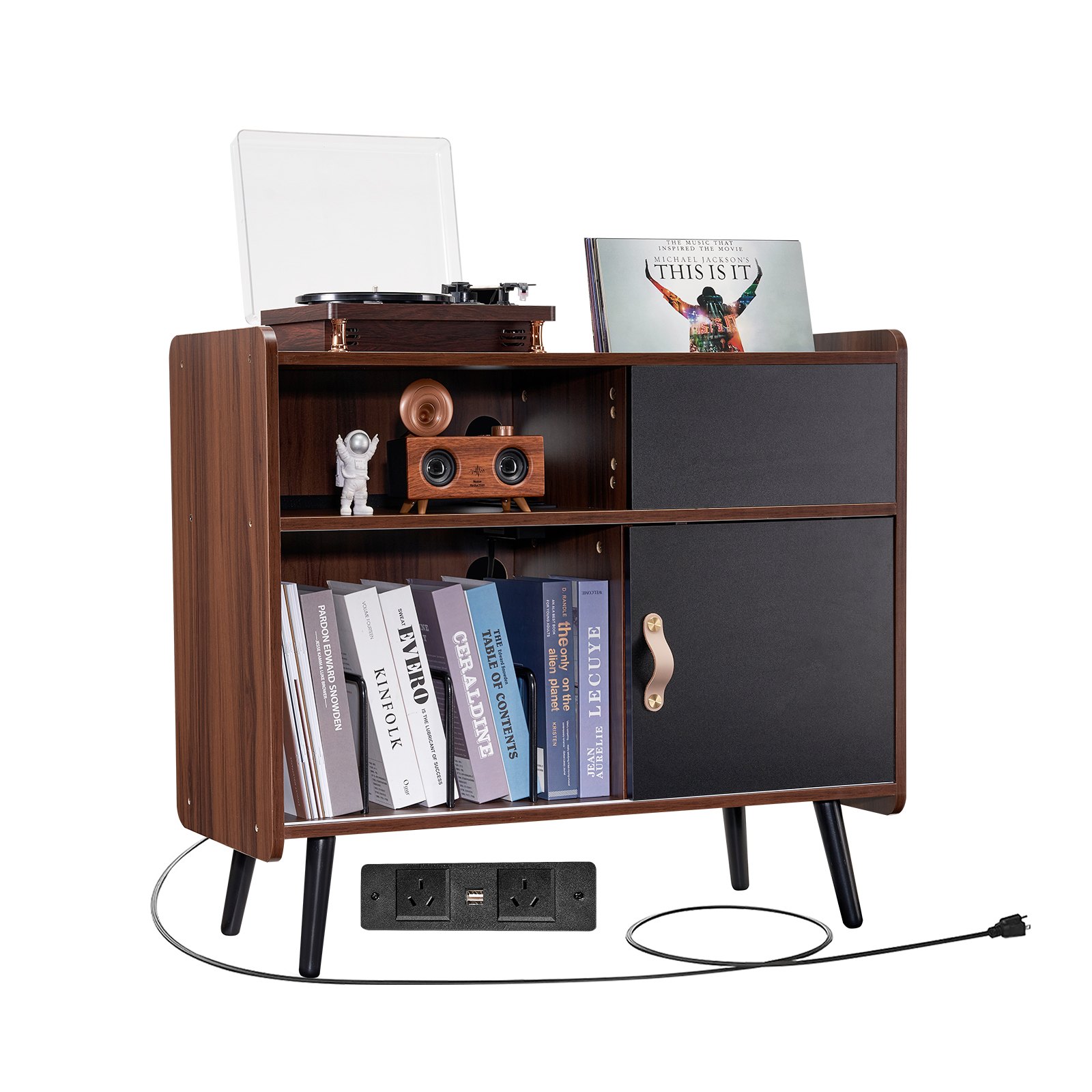 Soporte para tocadiscos de madera de 3 niveles con puerta corrediza y regleta de enchufes