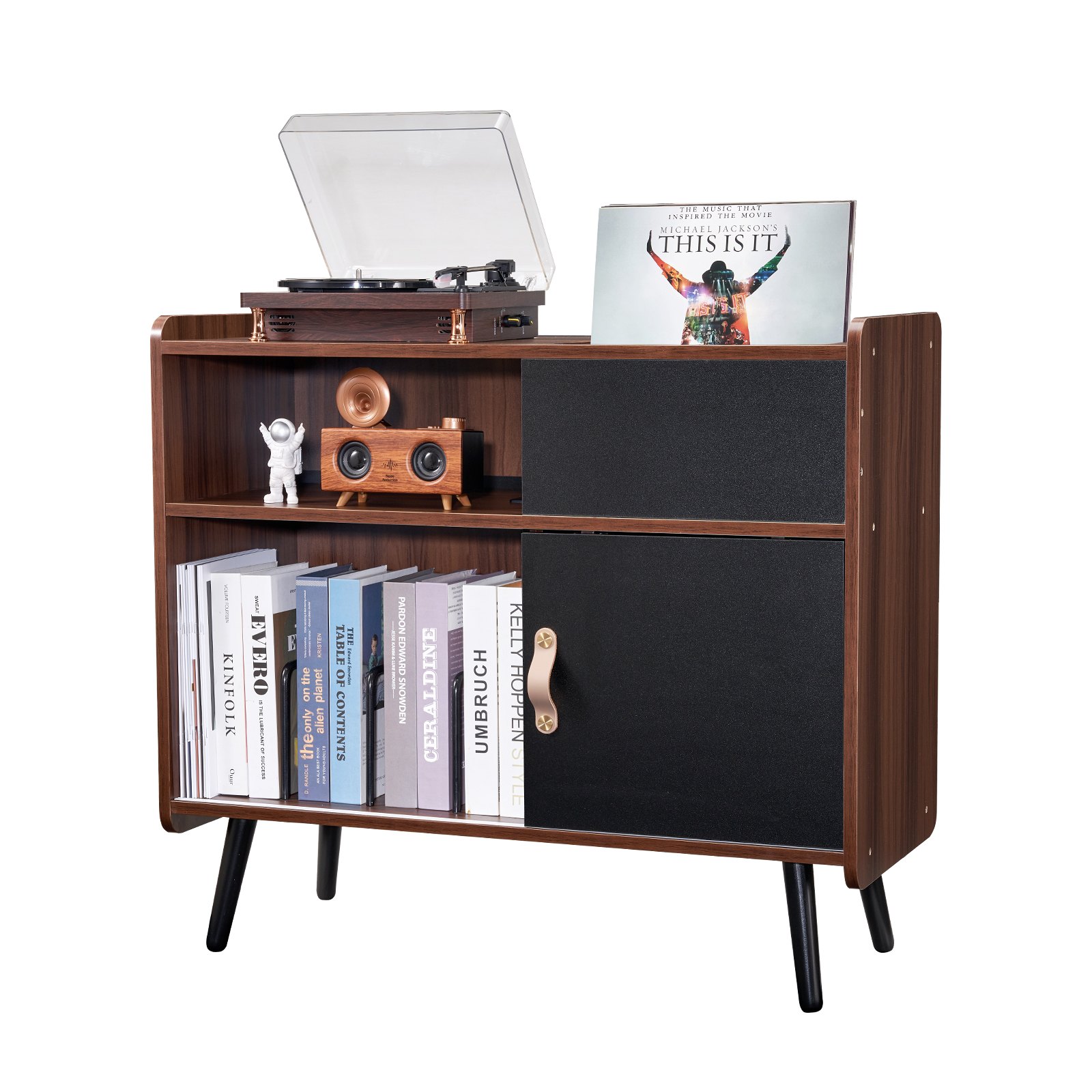 Soporte para tocadiscos de madera de 3 niveles con puerta corrediza y regleta de enchufes