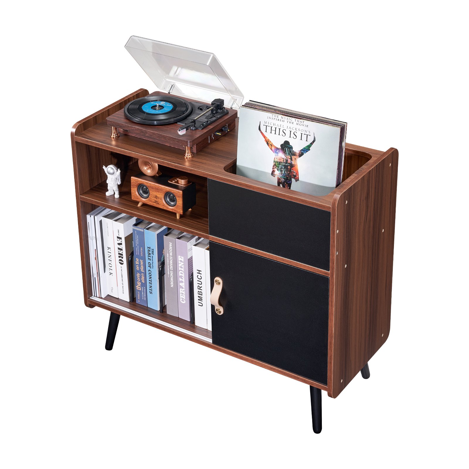 Soporte para tocadiscos de madera de 3 niveles con puerta corrediza y regleta de enchufes