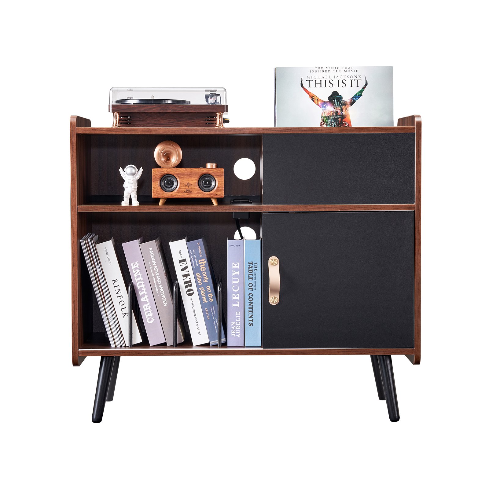 Soporte para tocadiscos de madera de 3 niveles con puerta corrediza y regleta de enchufes