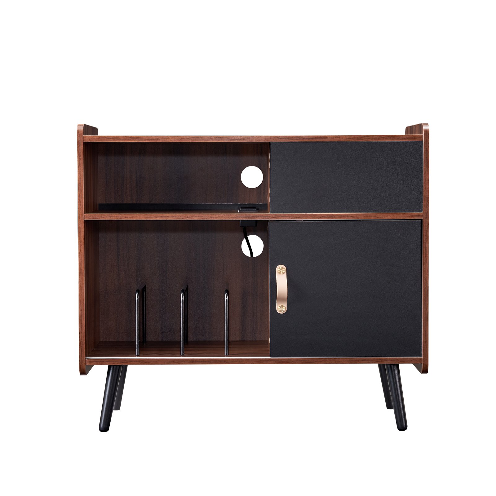 Soporte para tocadiscos de madera de 3 niveles con puerta corrediza y regleta de enchufes