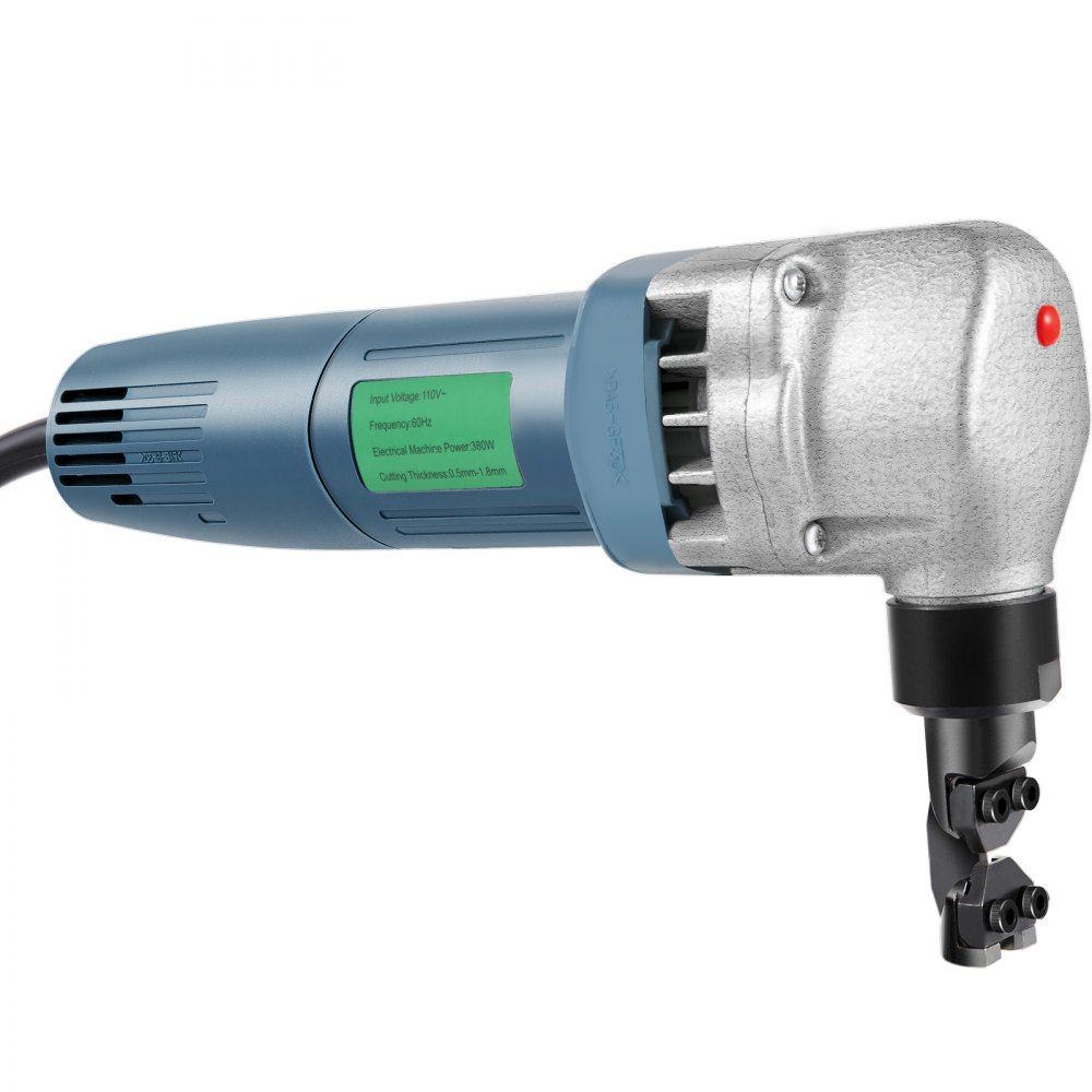 Cortadora eléctrica de chapa VEVOR, 380 W de potencia, 1800 RPM de velocidad de rotor, capacidad de corte de 1,8 mm (0,07 pulgadas), incluye cuchillas de repuesto y estuche, ideal para acero inoxidable, aluminio y plástico.